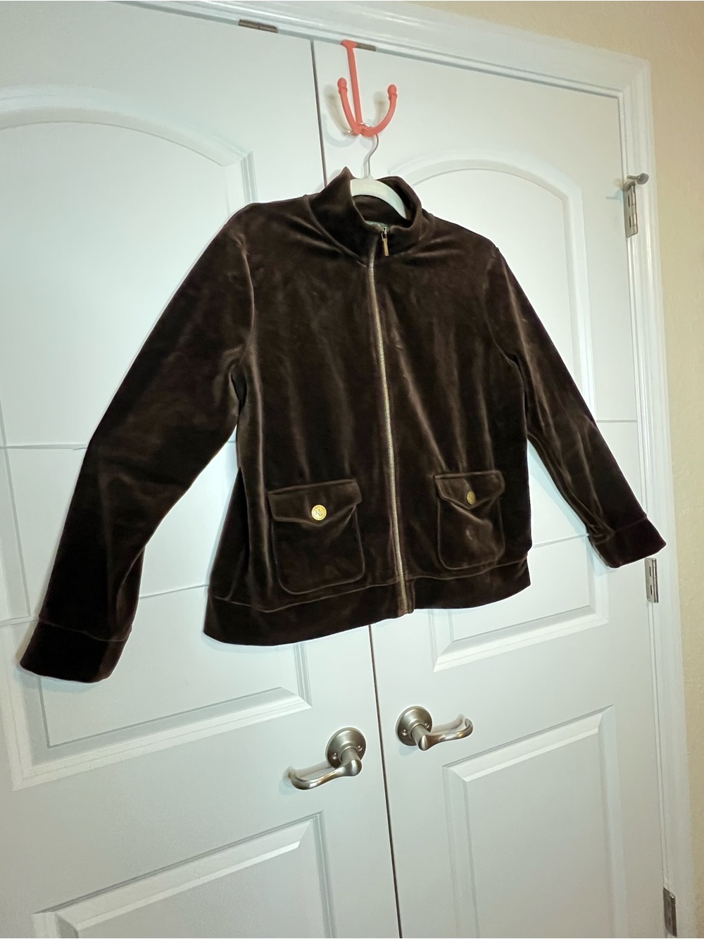 Lauren Ralph Lauren Brown Velour Jacket XL Gold RL Buttons Full Zip - Picture 2 of 7